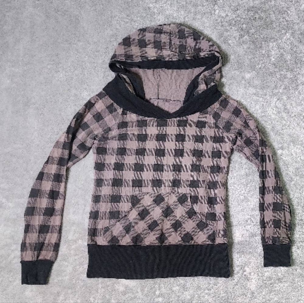 Large Grey Black Plaid Cuffed Sleeve Hoodie Pocket Sweatshirt Faux Layered Look